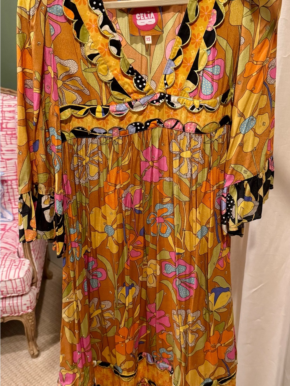 CeliaB Mustard Floral Maxi Dress with Pink Orange Blue Accents